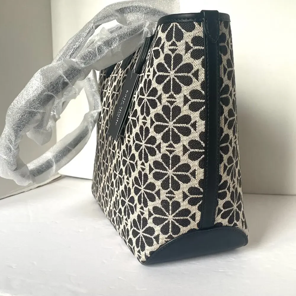 Kate Spade Black Flower Jacquard Tote Medium Leather Trim Shoulder Bag